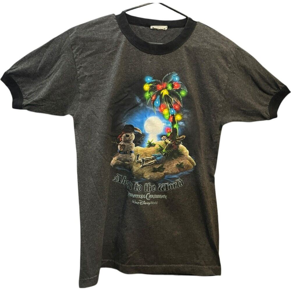 VTG Disney Parks Pirates Of The Caribbean Ahoy to the World Christmas Shirt sz L